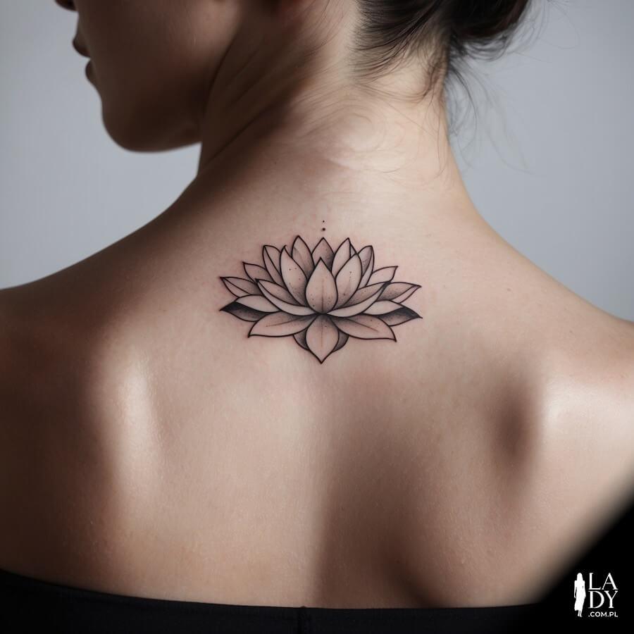 Tatuaż kwiat lotosu na plecach kobiety