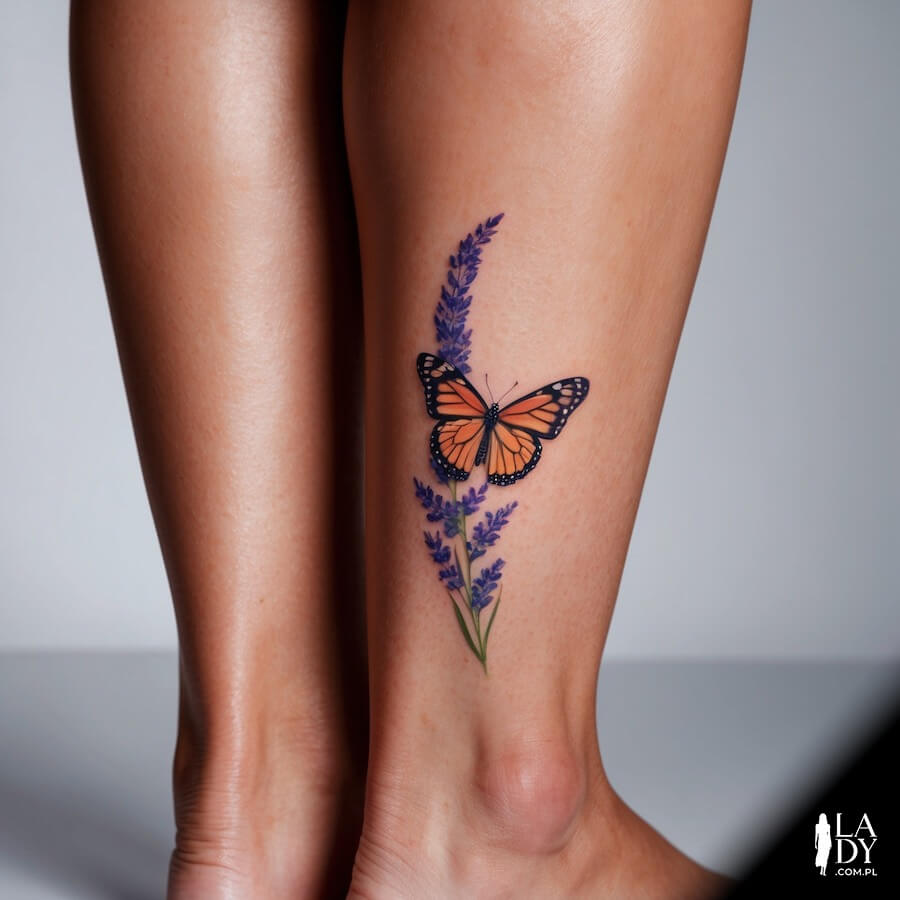 Tatuaż motyl i lawenda na łydce kobiety