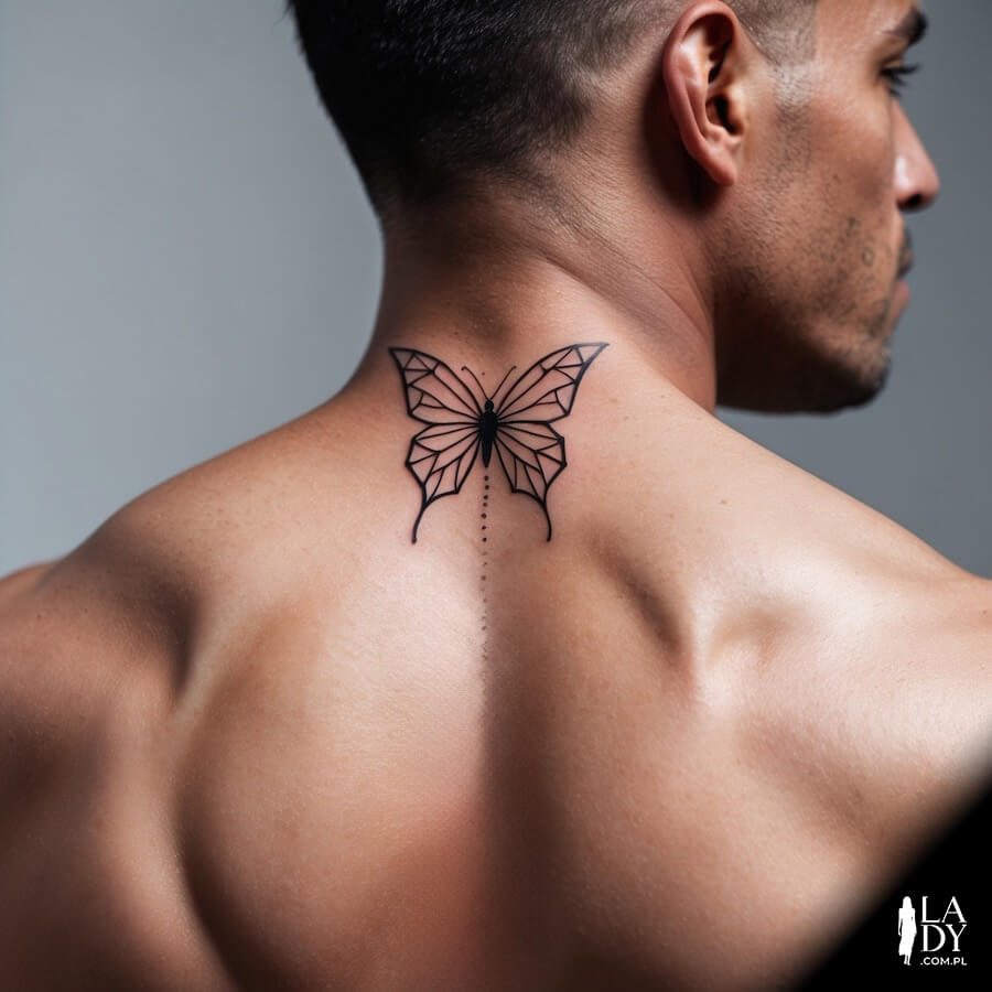 Mężczyzna z tatuażem w postaci motyla na karku