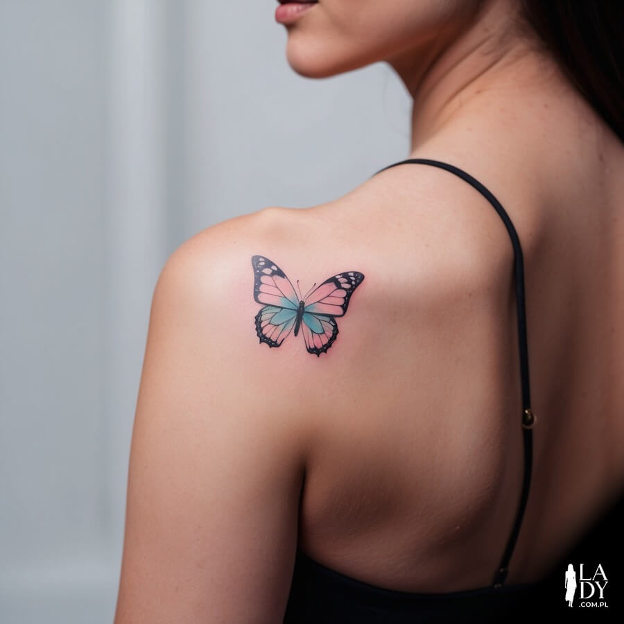 Pastelowy tatuaż motyl na tylnym aktonie barku kobiety