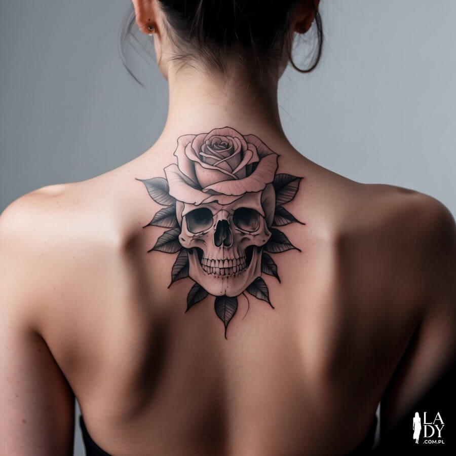 Tatuaż róża czaszka na plecach kobiety