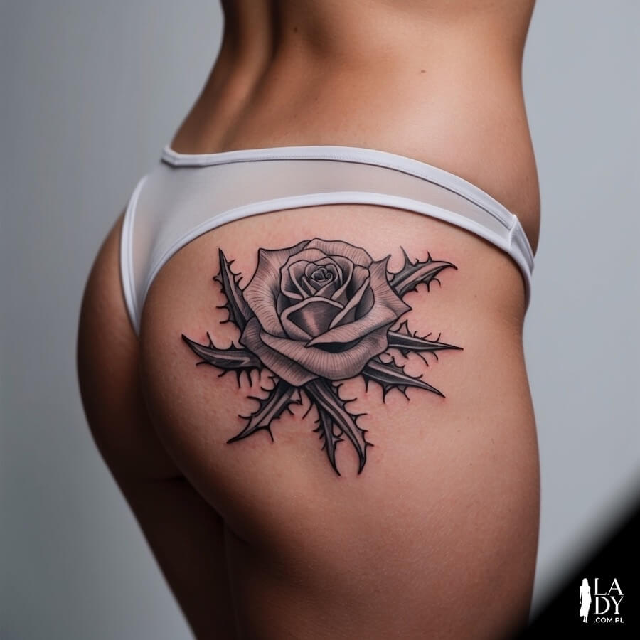 Tatuaż róża z kolcami na pupie kobiety