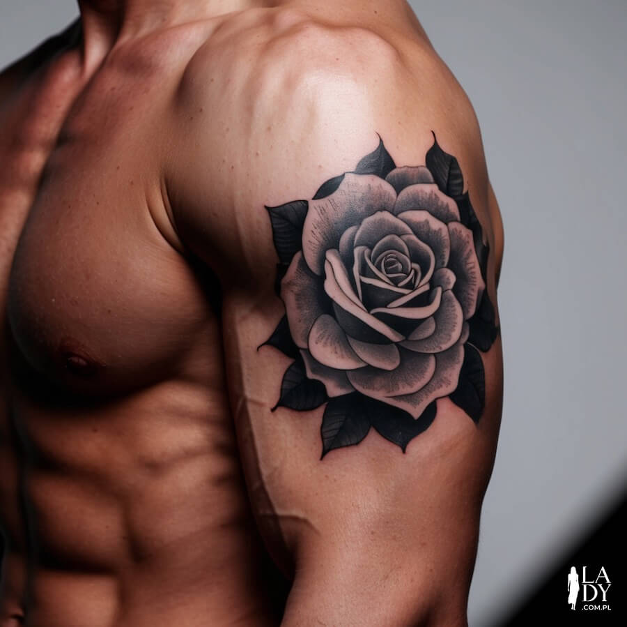 Tatuaż róża na ramieniu faceta