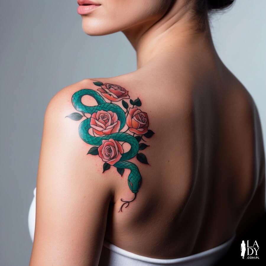 Tatuaż wąż z różami na kobiecym ciele