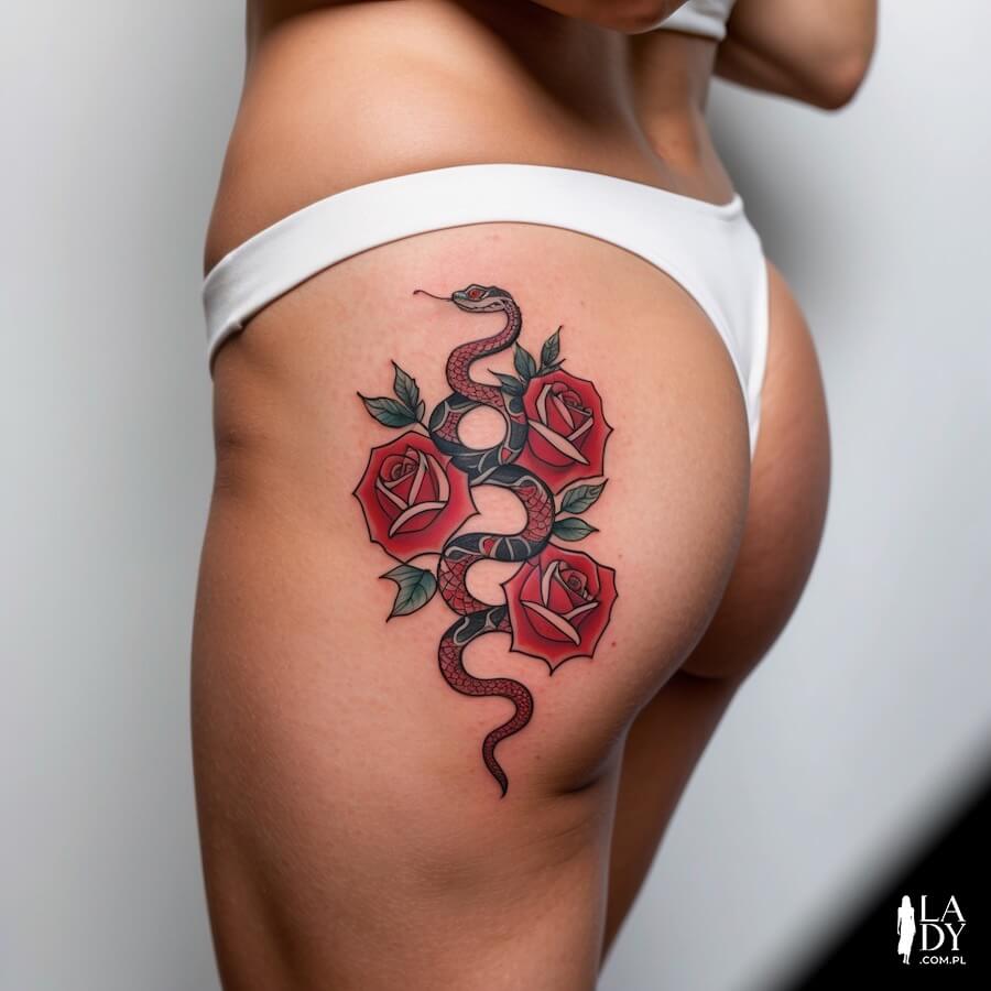Tatuaż wąż z różami na kobiecej pupie