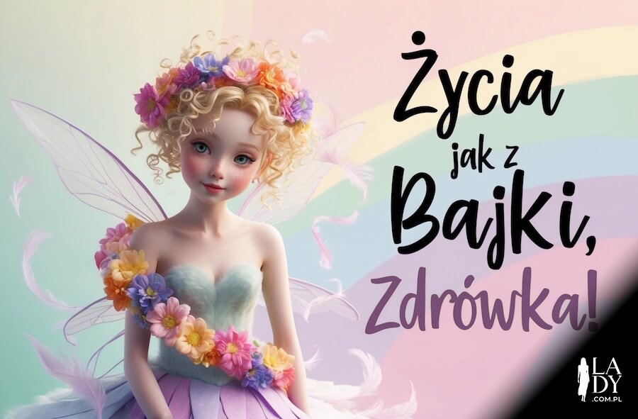 Piękna kartka na urodziny dla dziewczynki, urocza wróżka na pastelowym tle, z pozdrowieniami: Życia jak z bajki, zdrówka