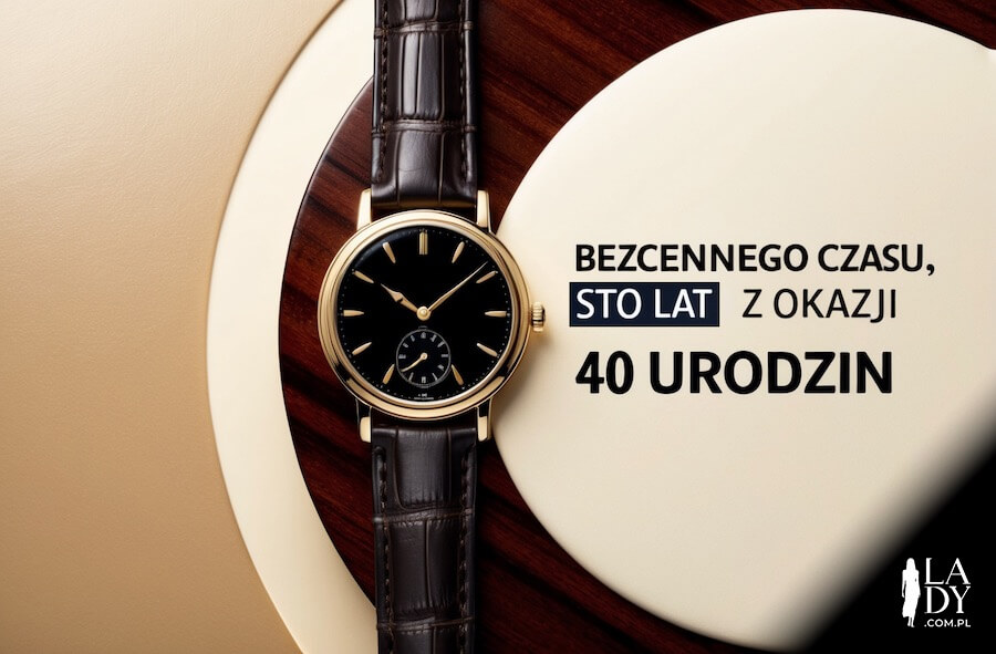 Urodzinowy obrazek do wysłania jubilatowi, elegancki zegarek ze skórzanym paskiem i napis: Bezcennego czasu, sto lat z okazji 40 uodzin