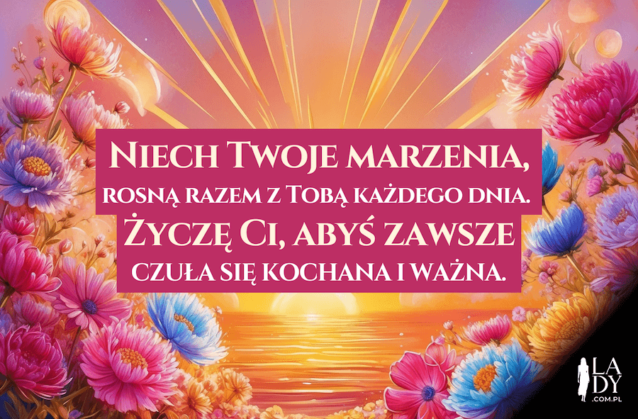 Piękna ilustracja do wysłania z okazji urodzin, życzenia pełne szczerości, wśród kwiatów, na tle zachodzącego słońca