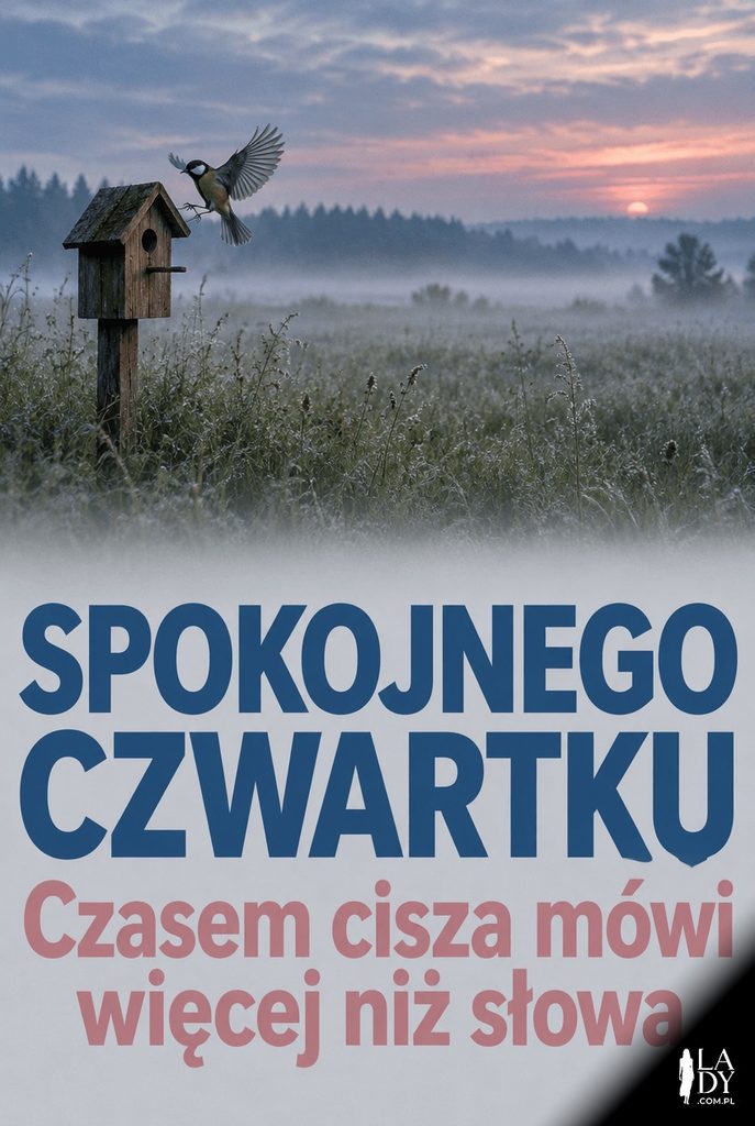 Krajobraz zamglonej łąki z ptakiem siadającym na domku o zmierzchu, z życzeniami spokojnego czwartku.