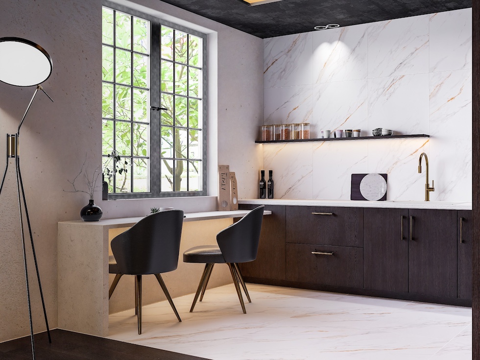 W tej aranżacji wybrano jednakowe płytki na podłogę i ścianę, tworząc spójne, ponadczasowe wnętrze. Fot. Domni.pl