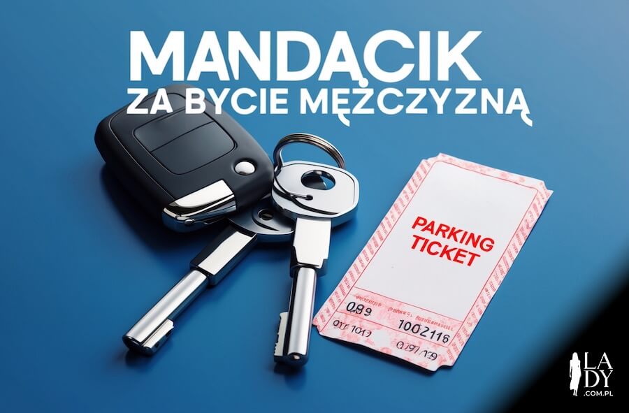 Klucze od samochodu, bilet parkingowy, mandat z napisem: Mandacik za bycie mężczyzną