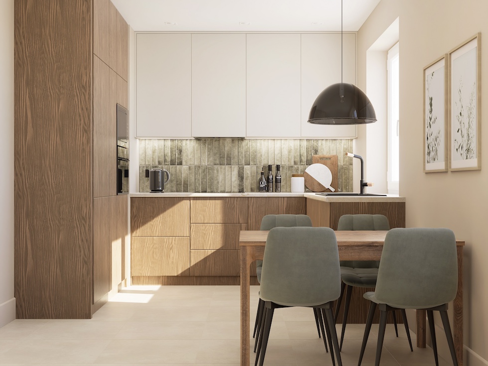 Nowoczesna kuchnia z płytkami gresowymi w jasnych odcieniach. Fot. Domni.pl