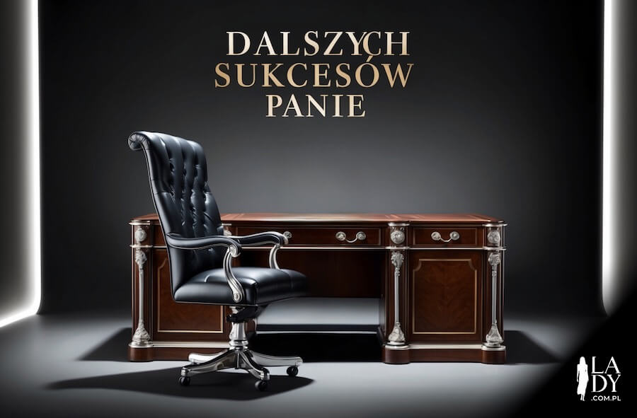Nowoczesne biuro luksusowy gabinet szefowski, fotel i biurko, z napisem: Dalszych sukcesów panie