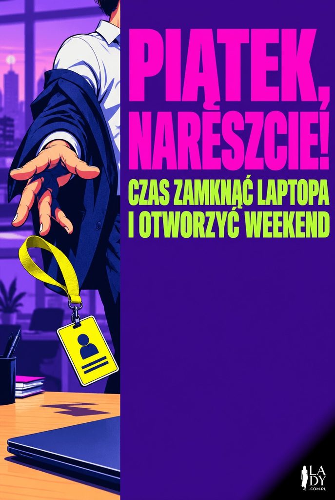 Pop-artowa ilustracja zdejmowania identyfikatora z biura w piątkowe popołudnie, z życzeniem udanego weekendu.