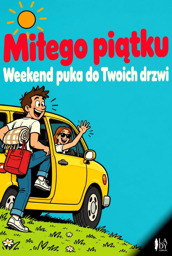 Kreskówkowa scena przyjaciół wsiadających do samochodu na piątkowy wyjazd, z życzeniami miłego piątku.