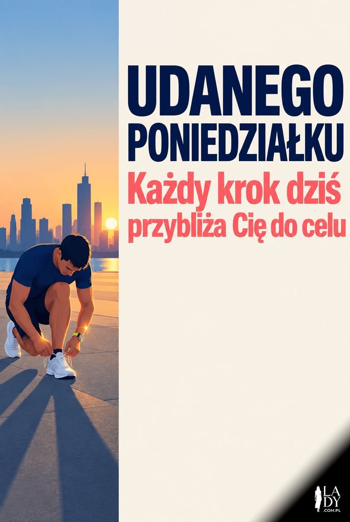 Minimalistyczna ilustracja biegacza sznurującego but o świcie, z życzeniami udanego poniedziałku.