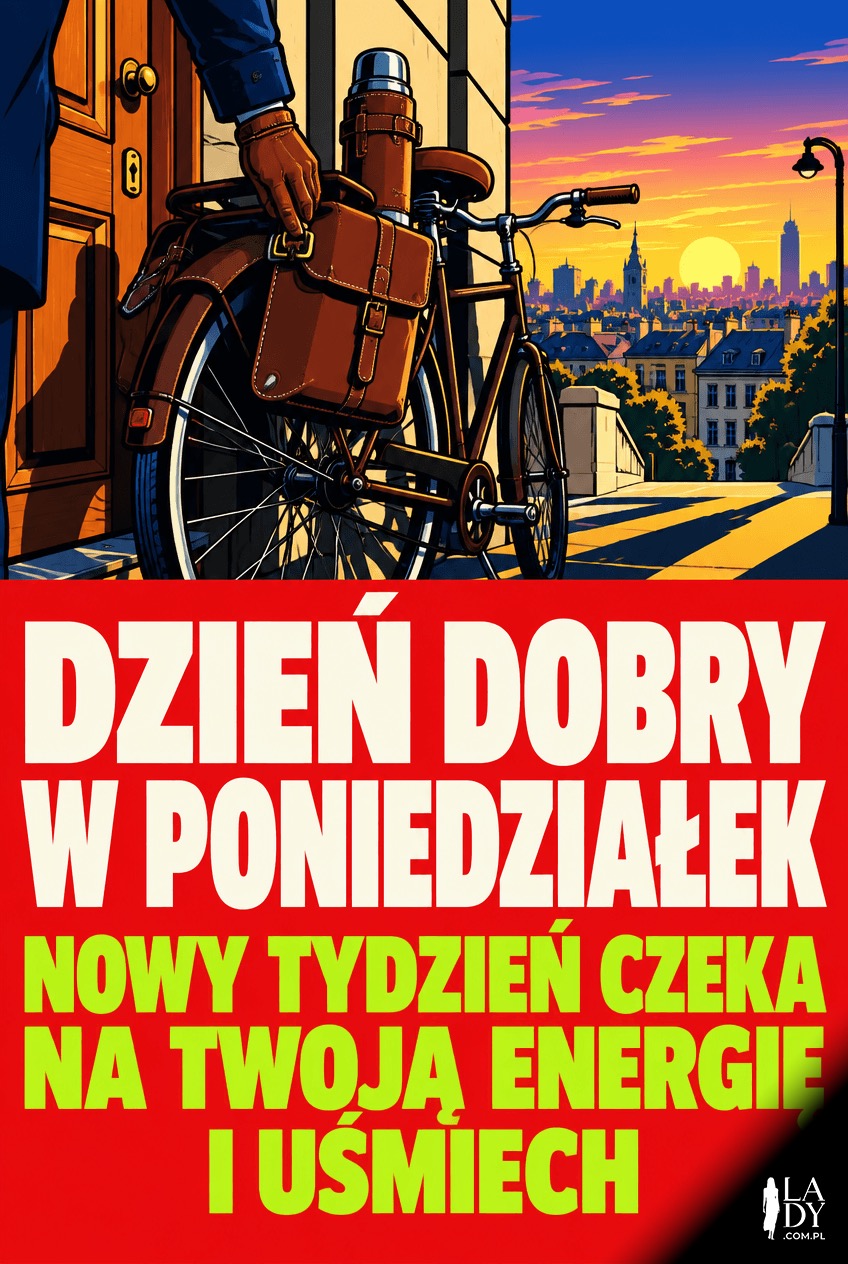 Ilustracja pop-artowa roweru miejskiego z termosem i teczką przy drzwiach o poranku, z życzeniami dobrego poniedziałku.