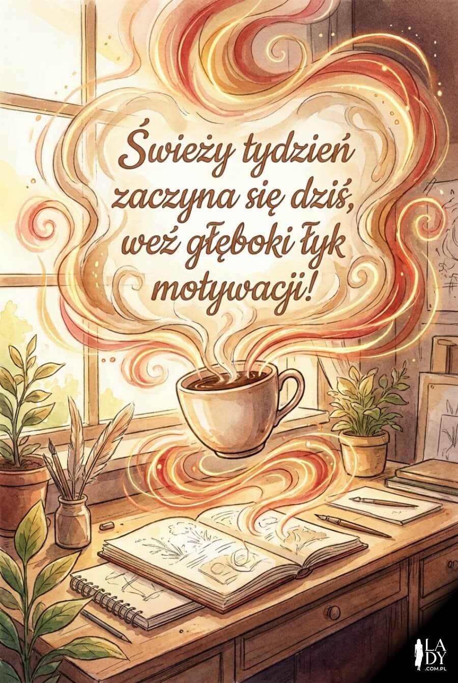 Artystyczna kartka poniedziałkowa z kawą, światłem i motywującym hasłem