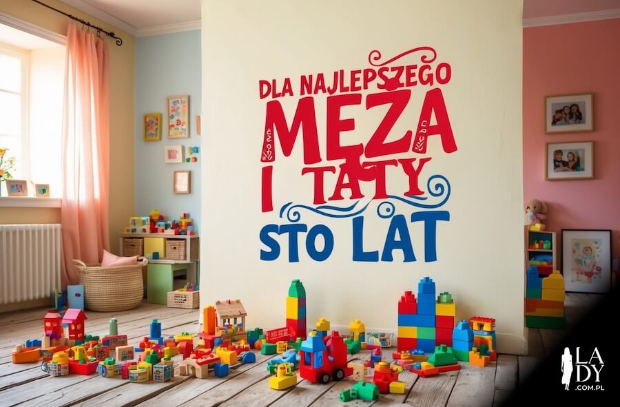 Przedszkole i mnóstwo kolorowych zabawek w przedszkole oraz napis na ścianie: Dla najlepszego męża i taty, sto lat