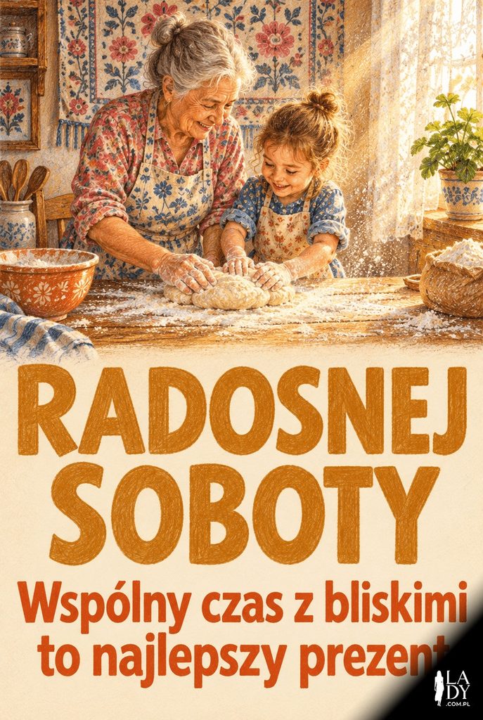 Ciepła ilustracja babci i wnuczki ugniatających ciasto w kuchni, z życzeniami radosnej soboty