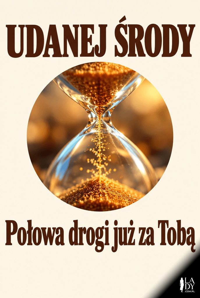 Makrofotograficzna klepsydra w połowie przesypywania jako symbol połowy tygodnia, z życzeniami udanej środy.