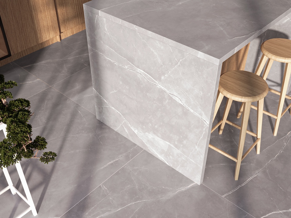 Dobrym rozwiązaniem do nowoczesnej kuchni są wielkoformatowe płytki inspirowane kamiennymi wzorami. Fot. Domni.pl