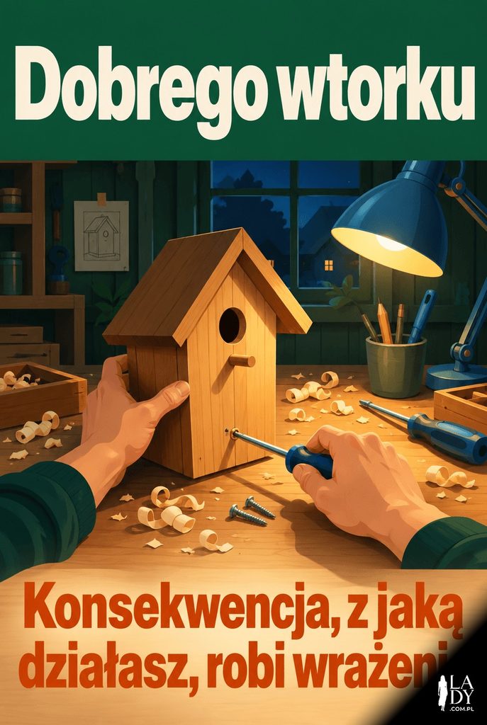 Ilustracja wektorowa rąk dokręcających domek dla ptaków w warsztacie wieczorem, z życzeniami dobrego wtorku.