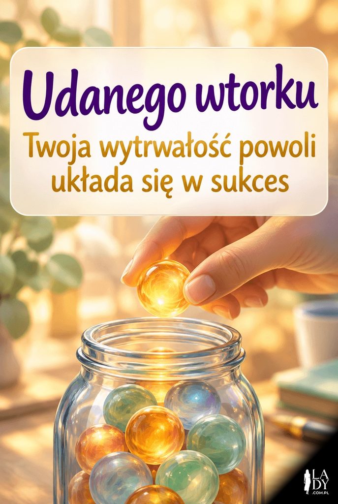 Ilustracja dłoni wkładającej świecącą kulkę do słoika, symbolizująca wytrwałość, z życzeniami udanego wtorku.