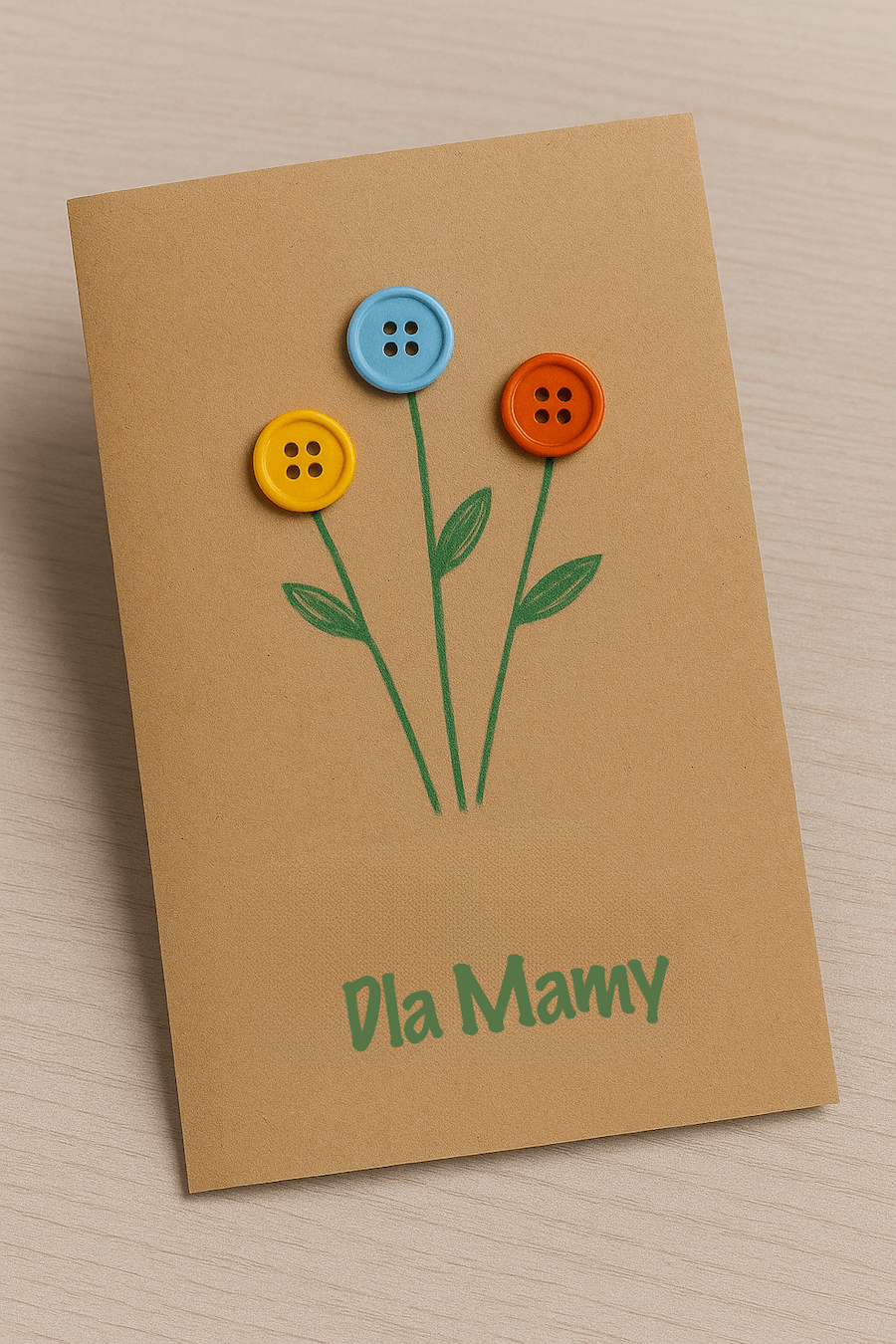 Ekologiczna laurka z guzikami, kwiatkami i napisem: dla mamy