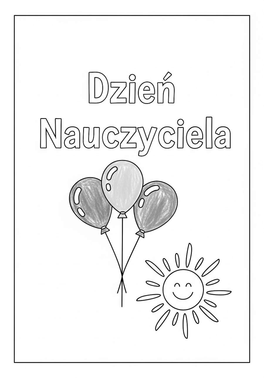 Kolorowanka, laurka do pokolorowania, baloniki i słońce i napis: Dla Nauczyciela