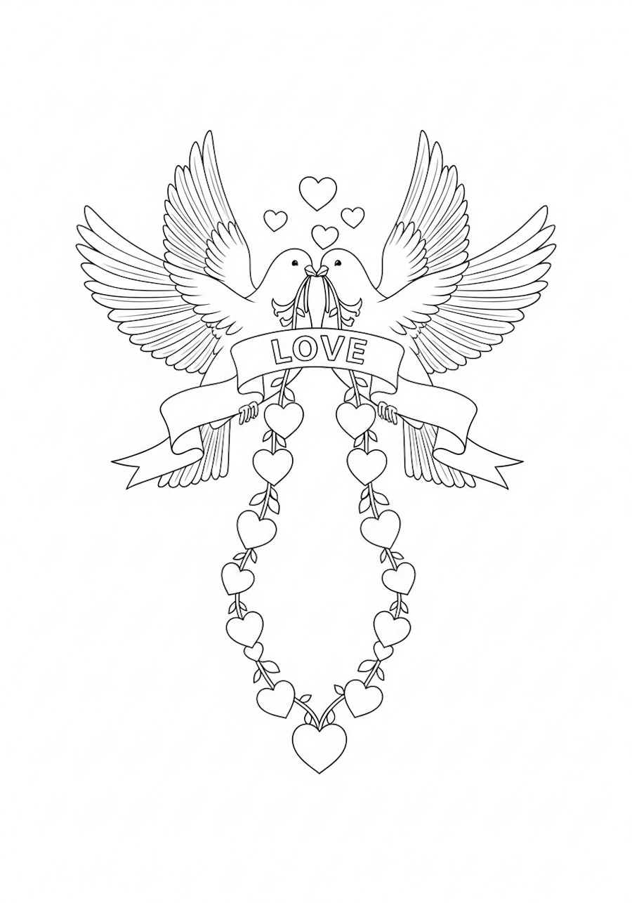 Urocze gołąbki przedstawiające miłość, kolorowanka do pokolorowania na Walentynki