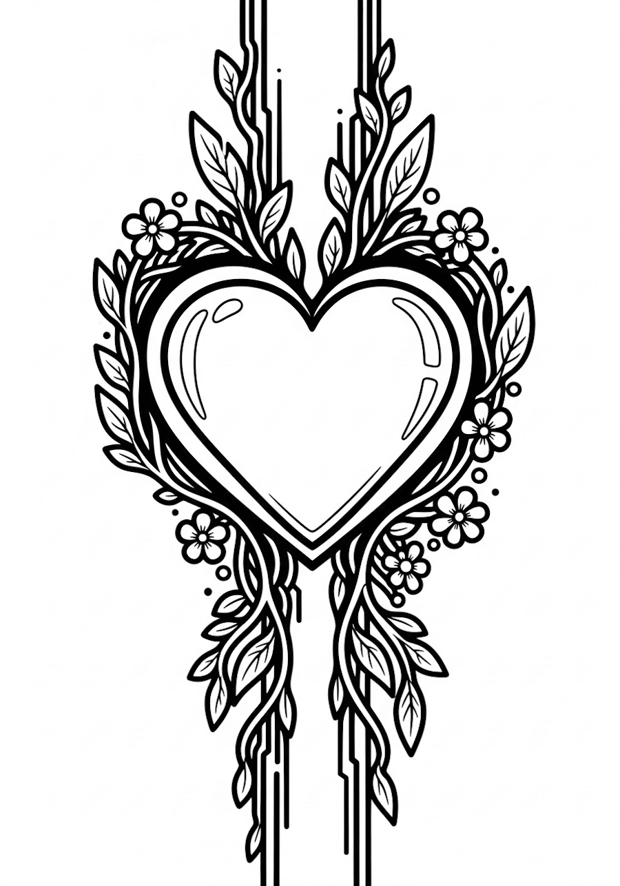 Cudowne, nowoczesne serce ze wzorem pędów, idealne na Walentynki - kolorowanka, laurka