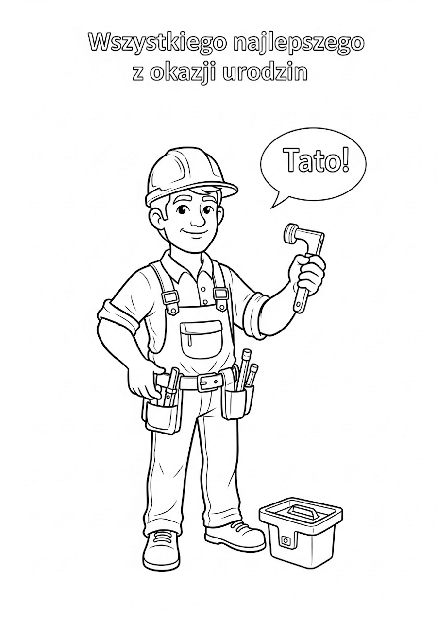 Kolorowanka do pobrania, napis Wszystkiego najlepszego z okazji urodzin tato oraz majsterkowicz