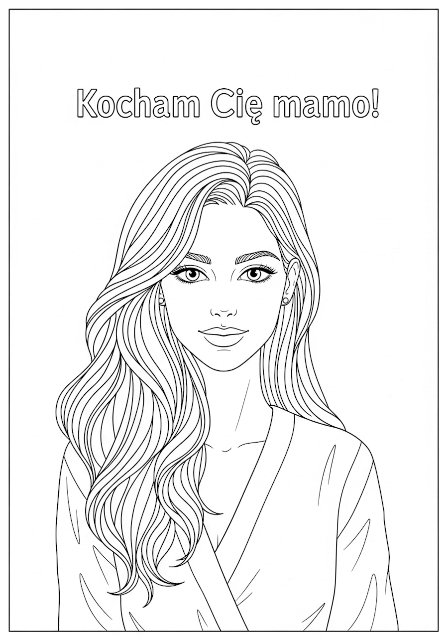Ładna kolorowanka z wizerunkiem mamy, z napisem: Kocham Cię mamo