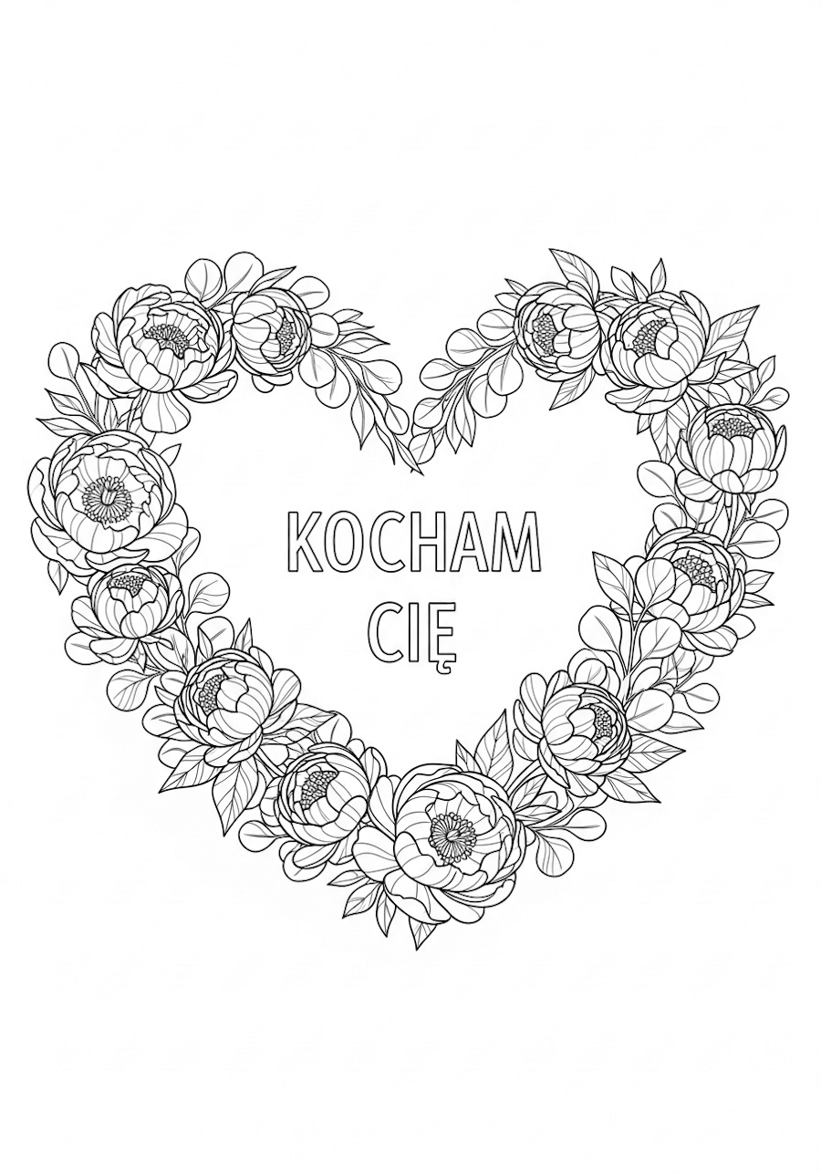 Laurka do pokolorowania, serce z piwonii oraz napis: Kocham Cię