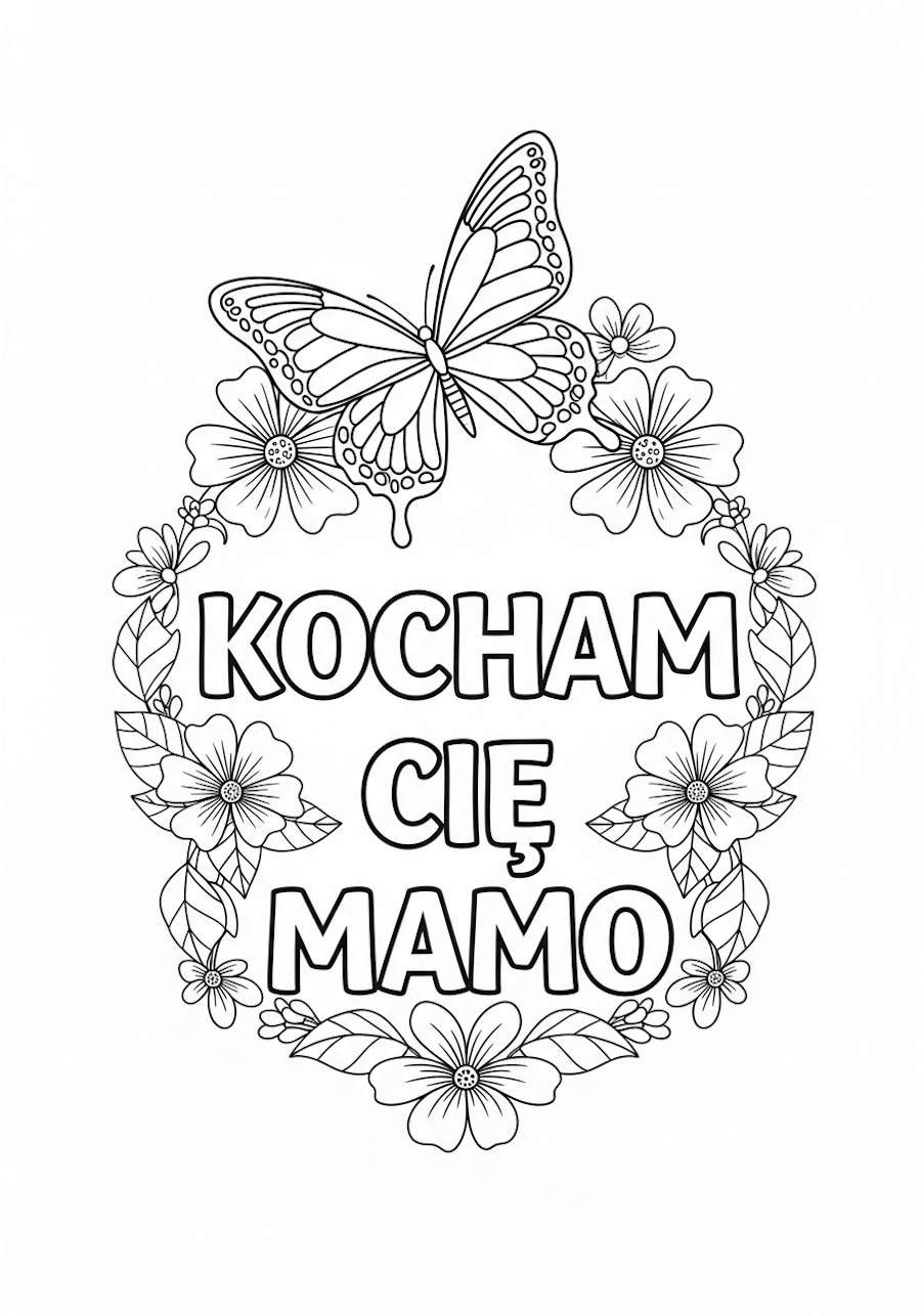 Kolorowanka motyle, kwiatki i napis: Kocham Cię mamo, do pokolorowania