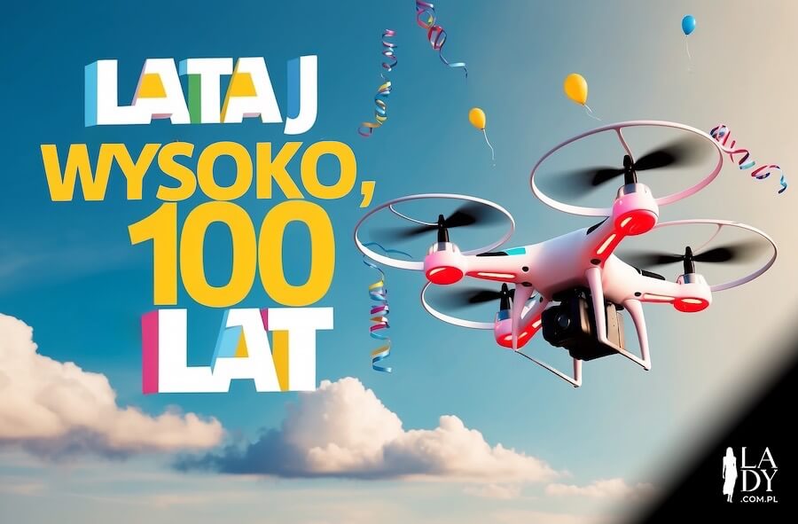 Latający dron na urodziny dla przyjaciela, na niebie z serpentynami i balonami oraz życzenia: Lataj wysoko, 100 lat
