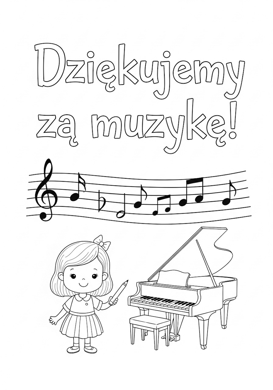 Kolorowanka, laurka do pokolorowania, fortepian i dziewczynka, nuty i muzyka, z napisem: Dziękujemy za muzykę