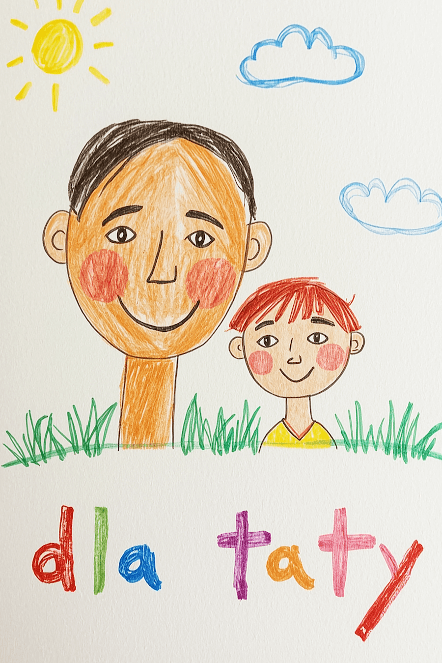Rysunek dla taty, syn i ojciec, chmurki, słońce
