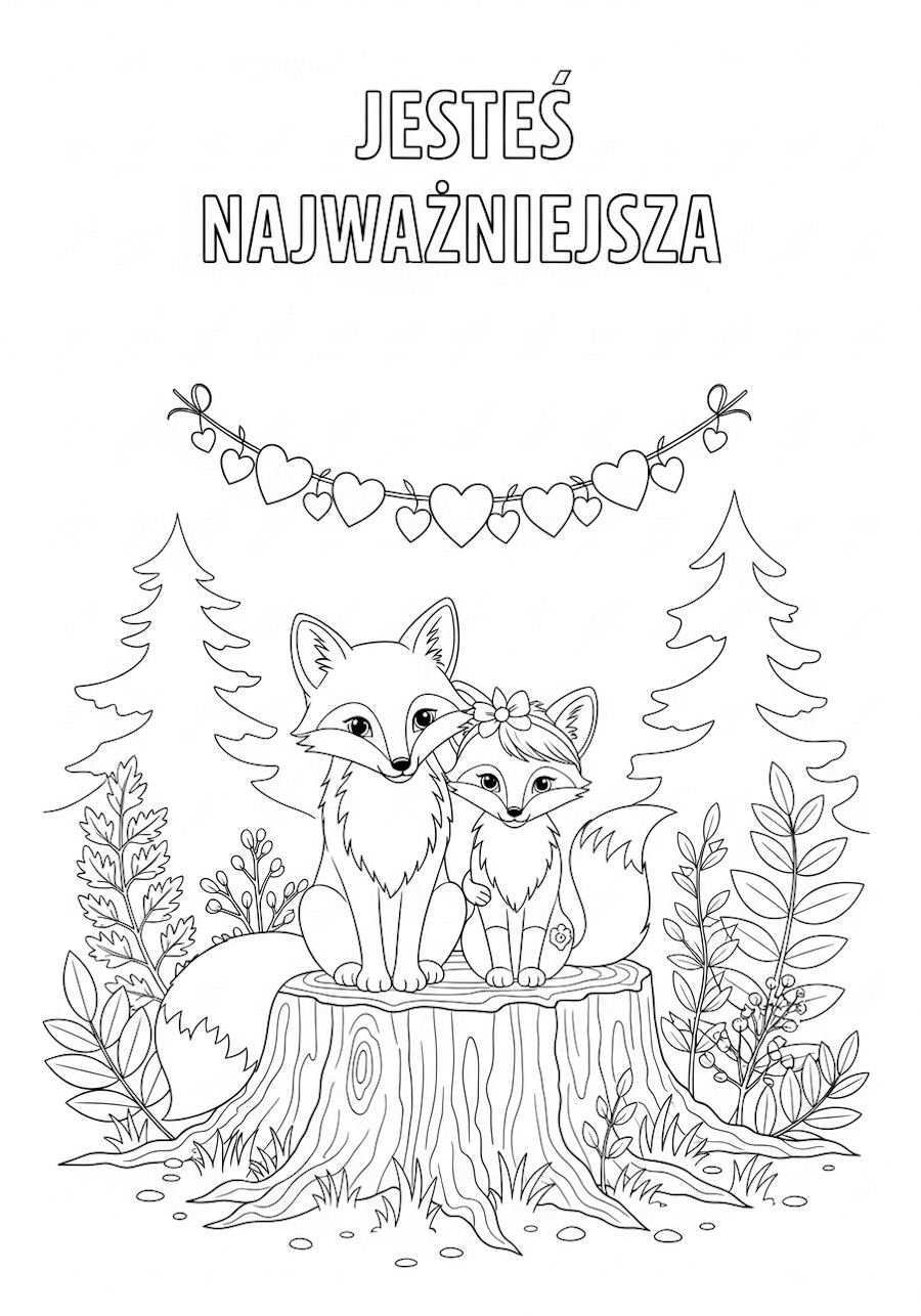 Kolorowanka, laurka do malowania, dwa urocze liski siedzące na pniu drzewa w lesie, z girlandą w kształcie serduszek