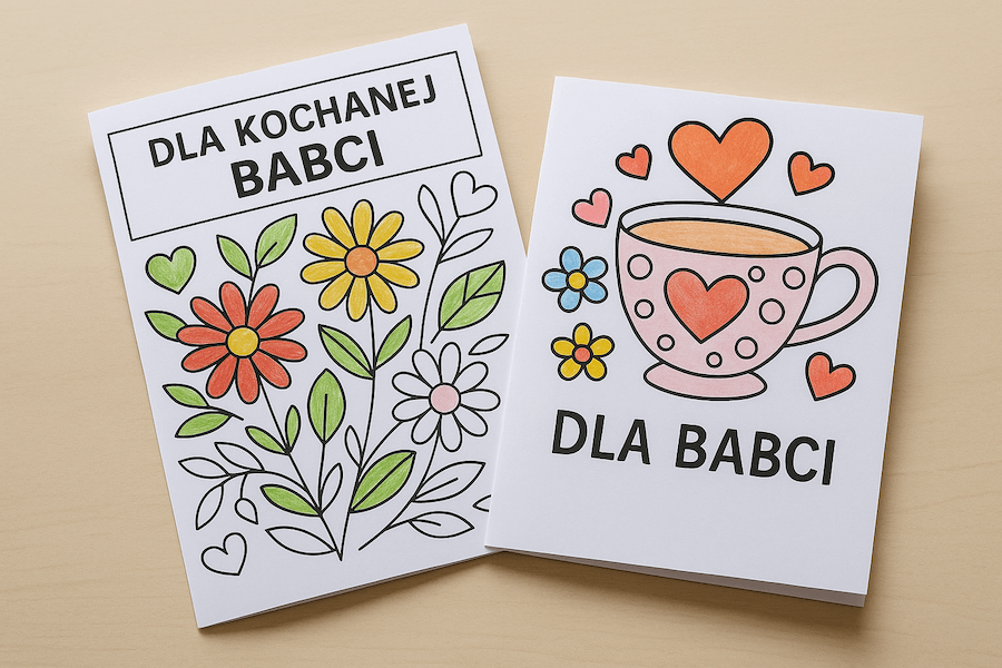 Śliczne laurki do pokolorowania kwiaty, filiżanka kawy i serduszka dla babci