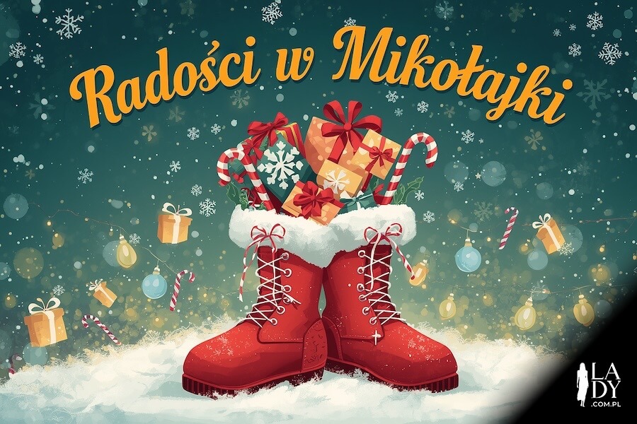 Buty świąteczne i prezenty, laski, śnieżynki z okazji 6 grudnia oraz napis: Radości w Mikołajki
