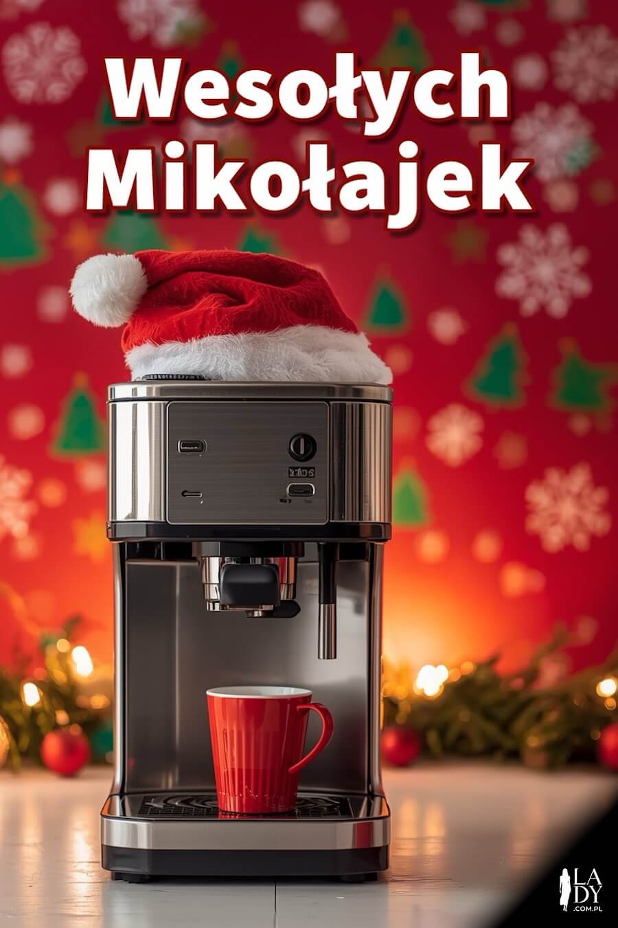 Ekspres do kawy z czapką Mikołaja na obudowie jako świąteczna ilustracja do wysłania bliskim i znajomym w pracy, z napisem: Wesołych Mikołajek