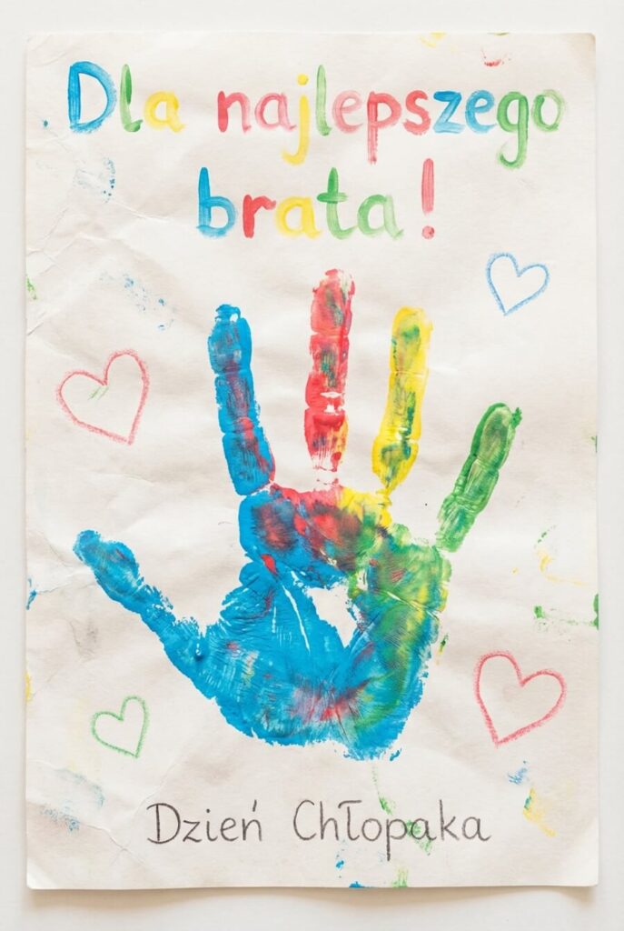 Oryginalna kartka wykonana przez dziecko, kolorowy odcisk dłoni, z serduszkami na papierze, z napisem: Dla najlepszego brata