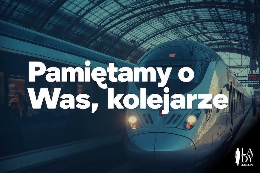 Szybki pociąg wjeżdżający na stację kolejową, z pozdrowieniami: Pamiętamy o Was, kolejarze