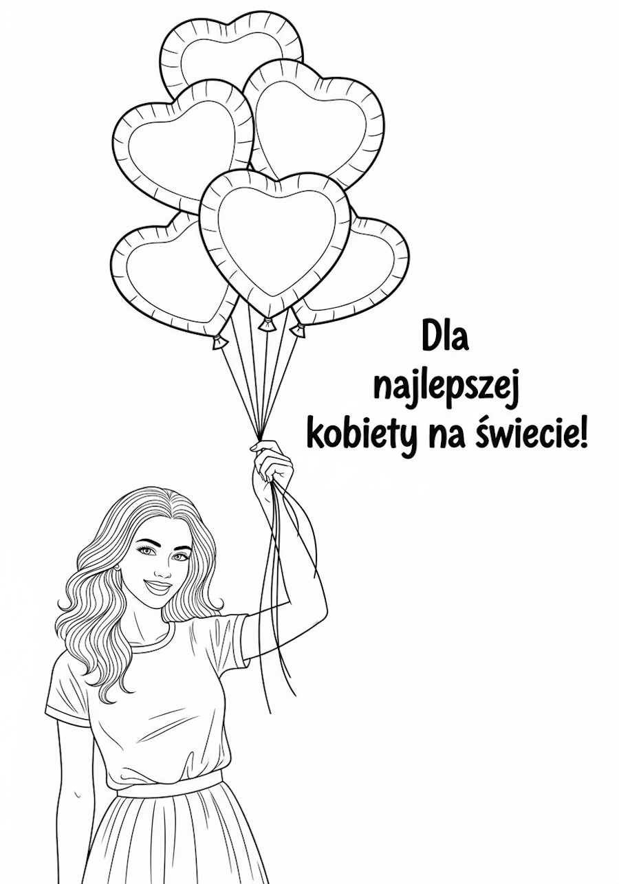 Kolorowanka, dziewczyna trzymająca kilka balonów w kształcie serc i napis: Dla najlepszej kobiety na świecie