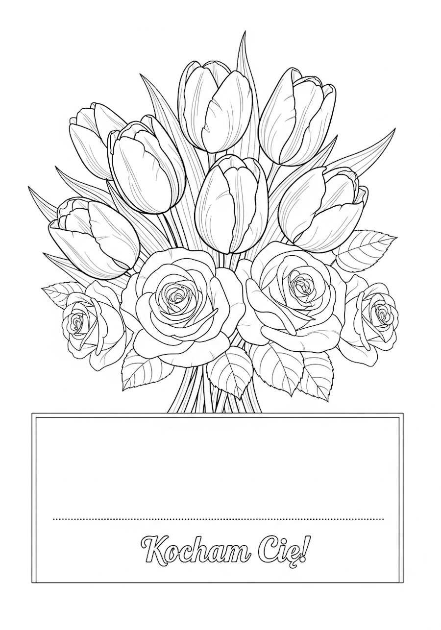 Kartka do pokolorowania, bukiet kwiatów, tulipanów i róż, z pustą rubryką na tekst i napisem: Kocham Cię