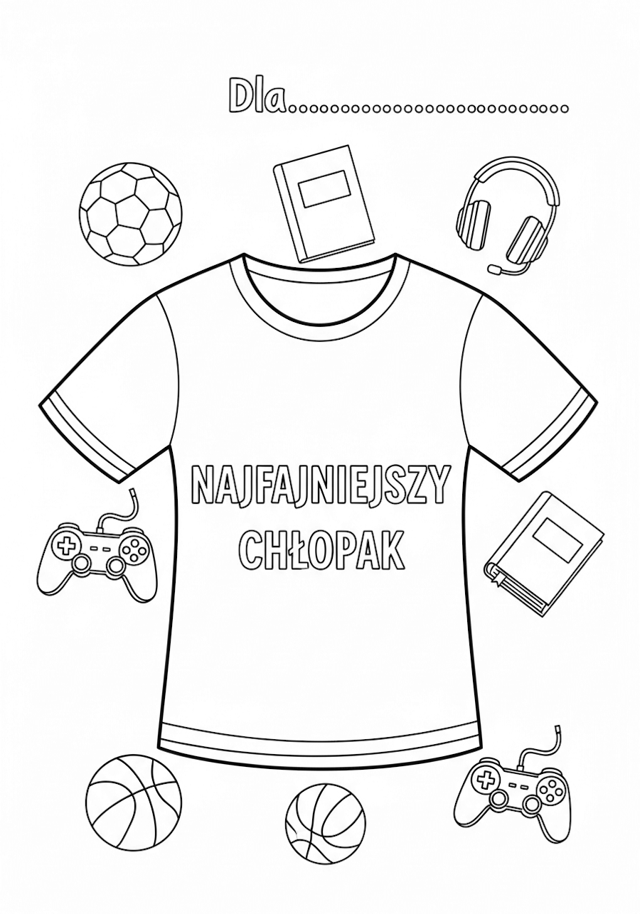 Wspaniała ilustracja do uzupełnienia i wręczenia w Dzień Chłopaka, koszulka T-shirt z napisem: Najfajniejszy chłopak