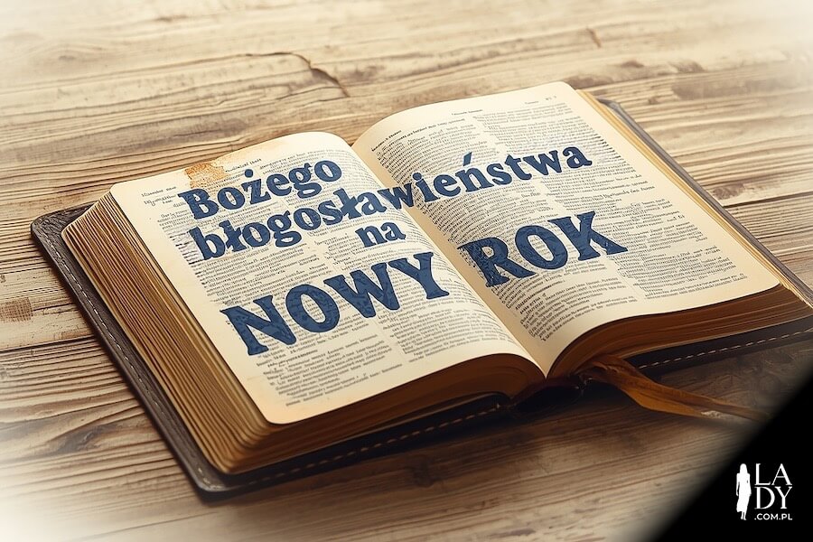Otwarta książka biblia z napisem wewnątrz: Bożego błogosławieństwa na Nowy Rok