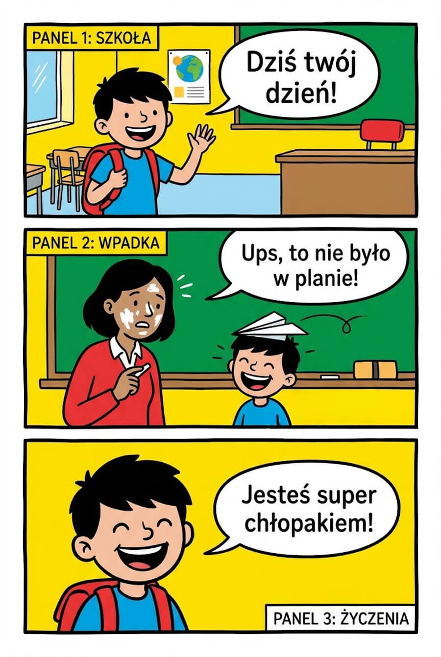 Laurka - komiks, pełna humoru i życzliwości, łatwa do przygotowania, krótka scenka w trzech klatkach z życzeniami